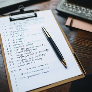 a desk with a piece of paper that has bullet points on it and a pen with notes already taken
