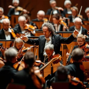 a realistic image of an orchestra with many instruments , the central figure is a conductor and we can see the concentration on their face
