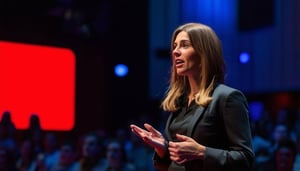 female executive focusing on delivering a ted talk to a large audience from stage-1