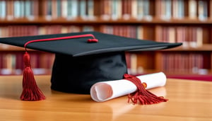 graduation hat and degree on table, bookshelves in the background, maroon carpet