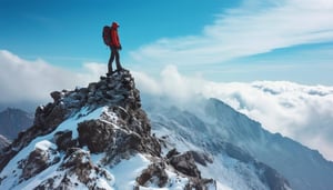 person on the top of a cold mountain after conquering it