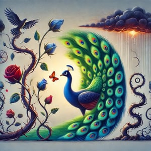 DALL·E-2024-10-15-17.30.44-An-image-illustrating-the-metaphor-of-a-peacock-eating-poison-symbolizing-resilience-wisdom-and-transformation-in-leadership.-The-peacock-is-depict