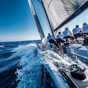 Sailing crew coordinating teamwork under pressure.